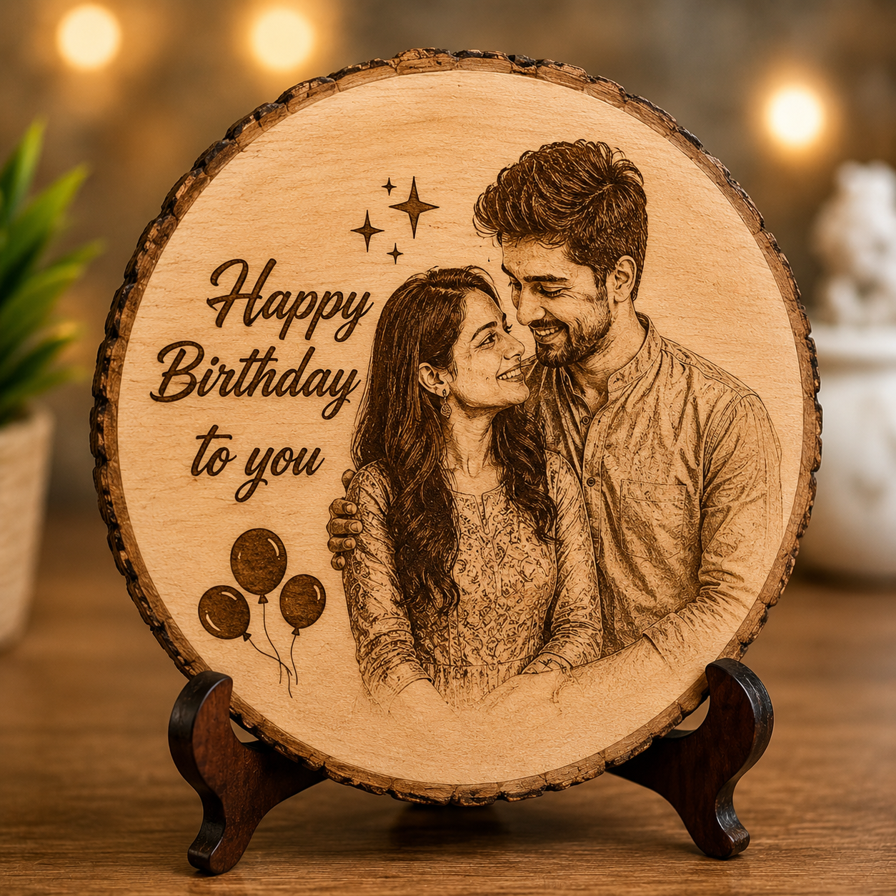 Personalized 6 Inch Round Wooden Photo Frame with Stand | Printed Photo Gift